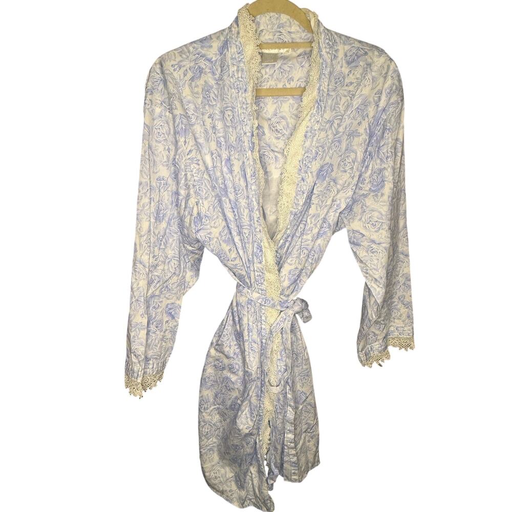 Eileen West Cotton Floral Lace Trimmed Robe Women's Size L